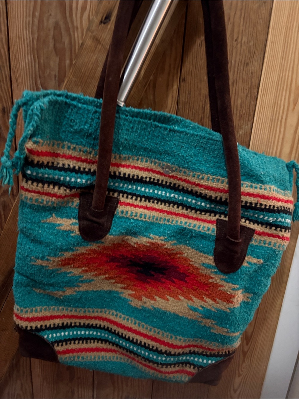 Turquoise Southwestern Woven Tote with Brown Suede Straps
